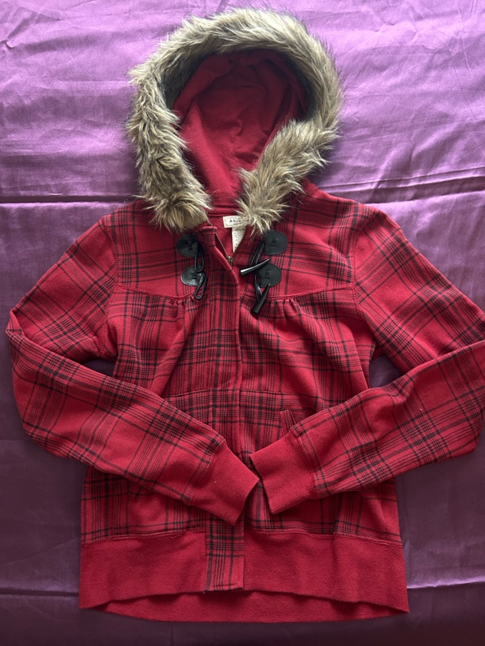 Arizona Jean Company Red Plaid Toggle Hooded Coat with Faux Fur Trim